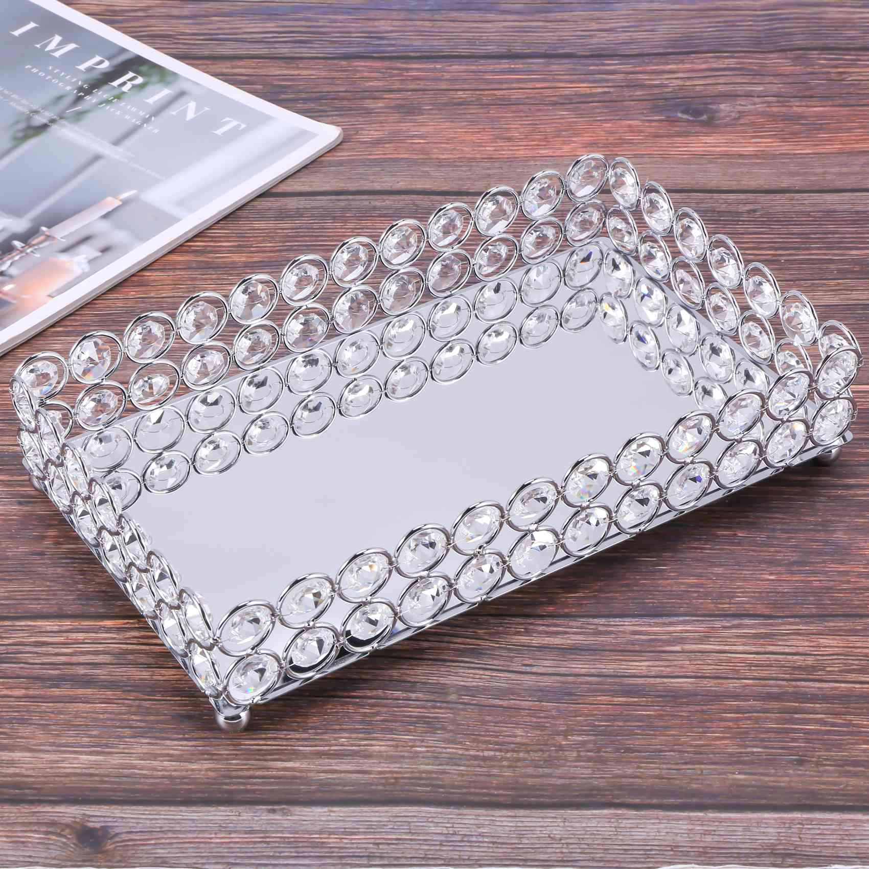Decorative Mirror - ABSS-Crystal Rectangle Cosmetic Tray Jewelry Trinket